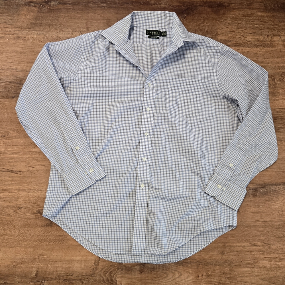 Lauren Ralph Lauren Men's Blue Checkered Shirt Non Iron 16 1/2 34/35 100% Cotton